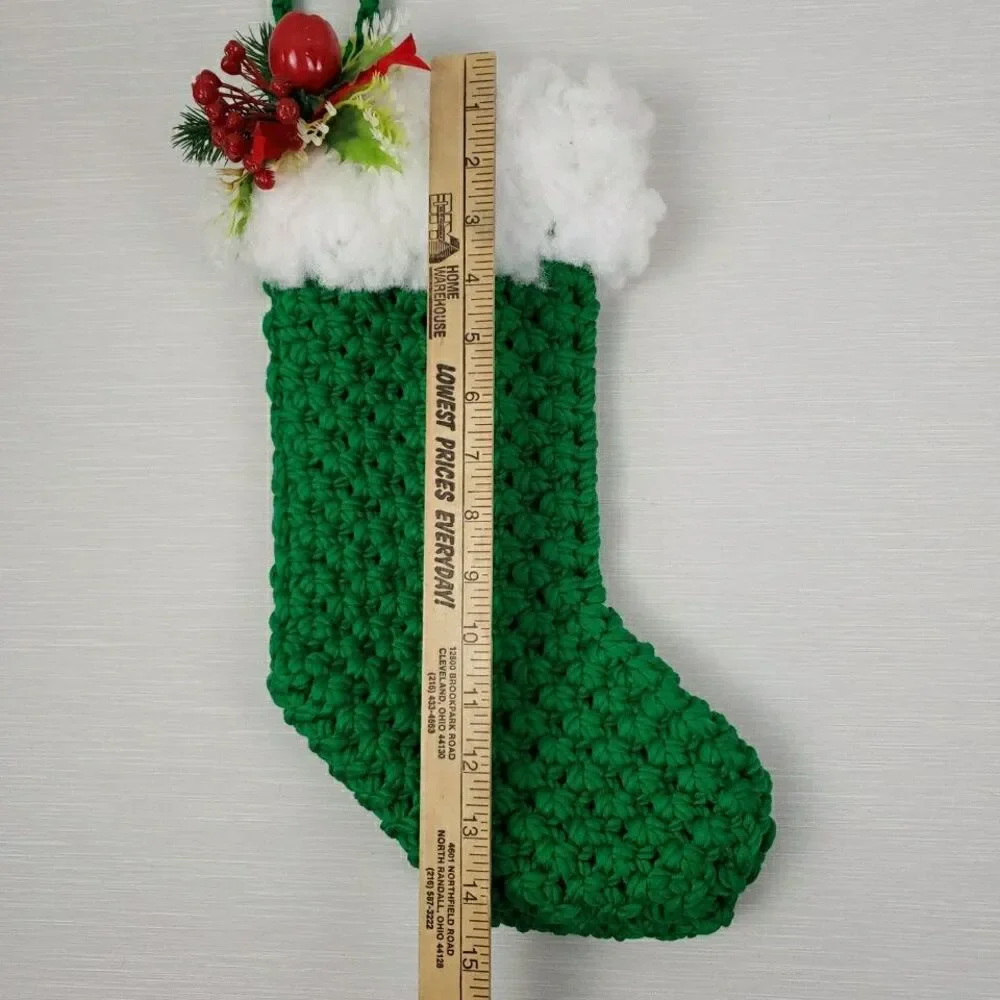 Macramé Christmas Stocking Red Green Handmade Holiday Plastic Pick MCM Vintage